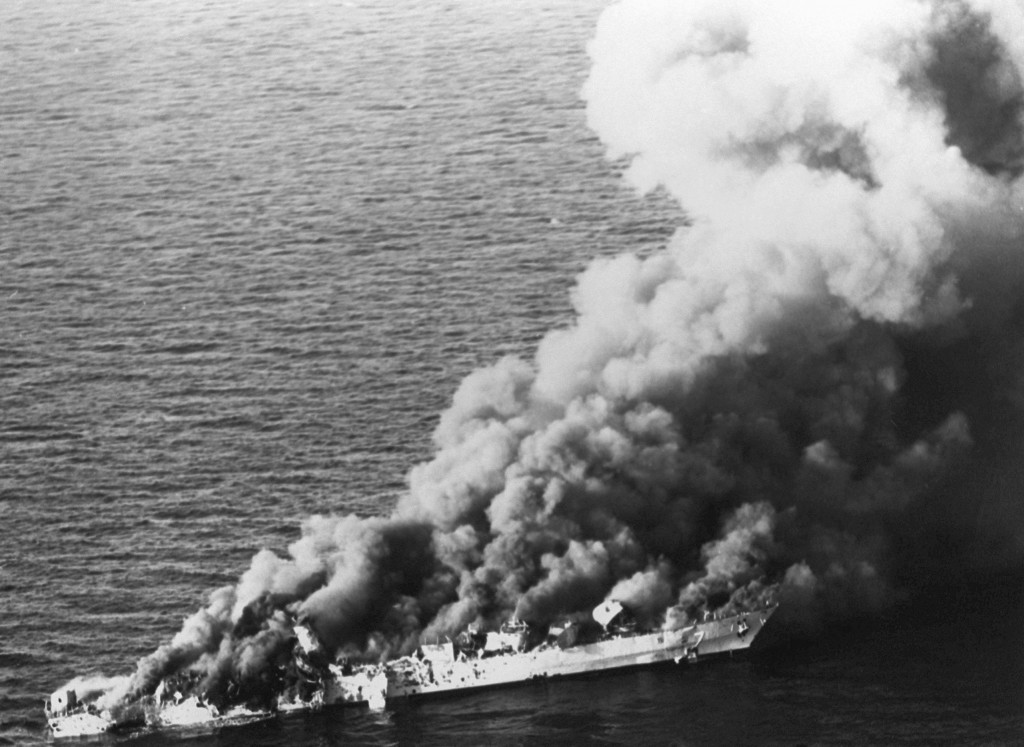 The Iranian frigate IS Sahand (F 74) burns after being attacked by the Joseph Strauss and A-6s. Sahand was hit by three Harpoon missiles, Skipper rocket-propelled bombs, a Walleye laser-guided bomb, and several 1,000-pound bombs. U.S. NAVY PHOTO
