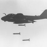 An A-6E Intruder aircraft drops CBU-59 cluster bombs over Iranian targets.