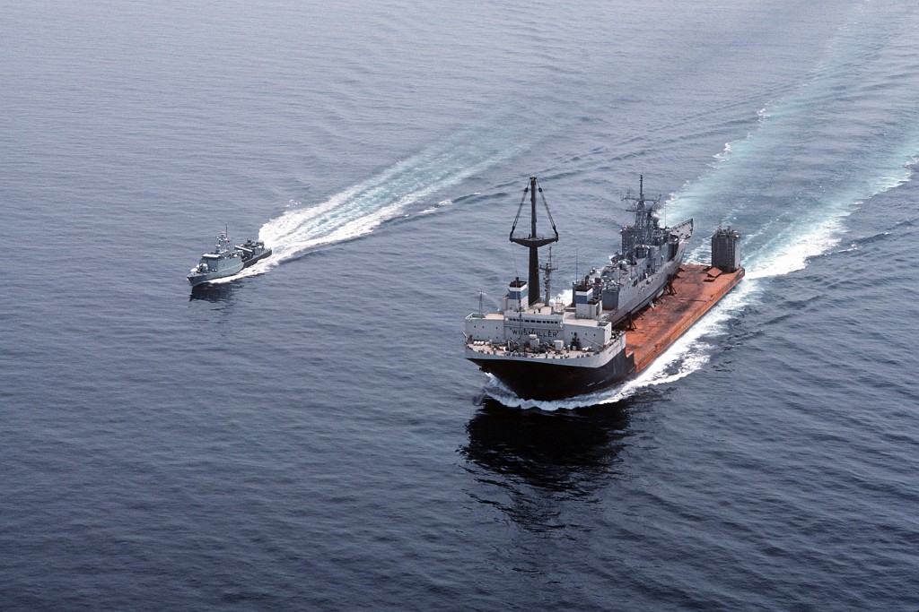 One month and 8,100 miles later, <i>Roberts</i> approaches Rhode Island's Narragansett Bay on 31 July 1988. (U.S. NAVY PHOTO BY PH2 ELLIOTT)