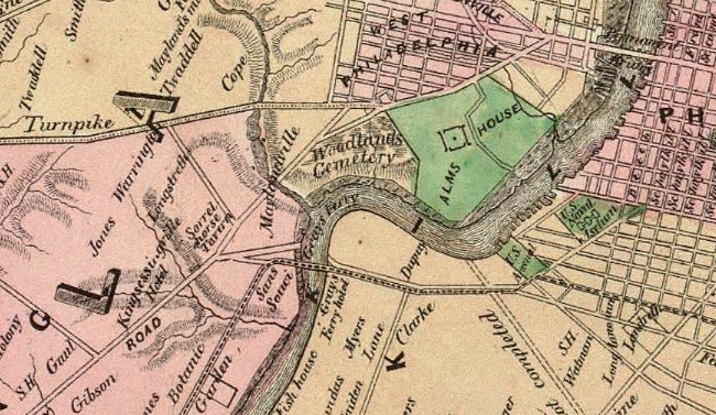 1847: It's mostly farms and fields beyond 41st Street, although mills are working hard at the dammed Mill Creek. (Map: Sidney's 10 Miles Round Philadelphia)