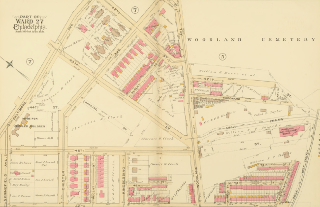 1892: Property map showing future Clark Park and vicinity, including lower Mill Creek (Bromley/UPenn)