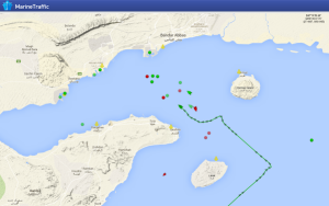 MV Maersk Tigris' last voyage track, as of 4.29.15 (Credit: MarineTraffic)